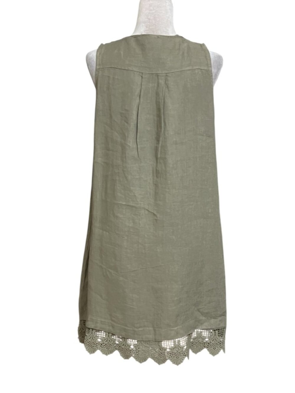 Carla Conti 100% Linen Dress Small Sage Green Lace Trim Sleeveless Italian - Picture 3 of 10